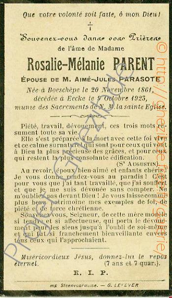 Rosalie Mélanie PARENT épouse de Aimé Jules PARASOTE, décédée à Eecke, le 09 Octobre 1923 (61 ans).